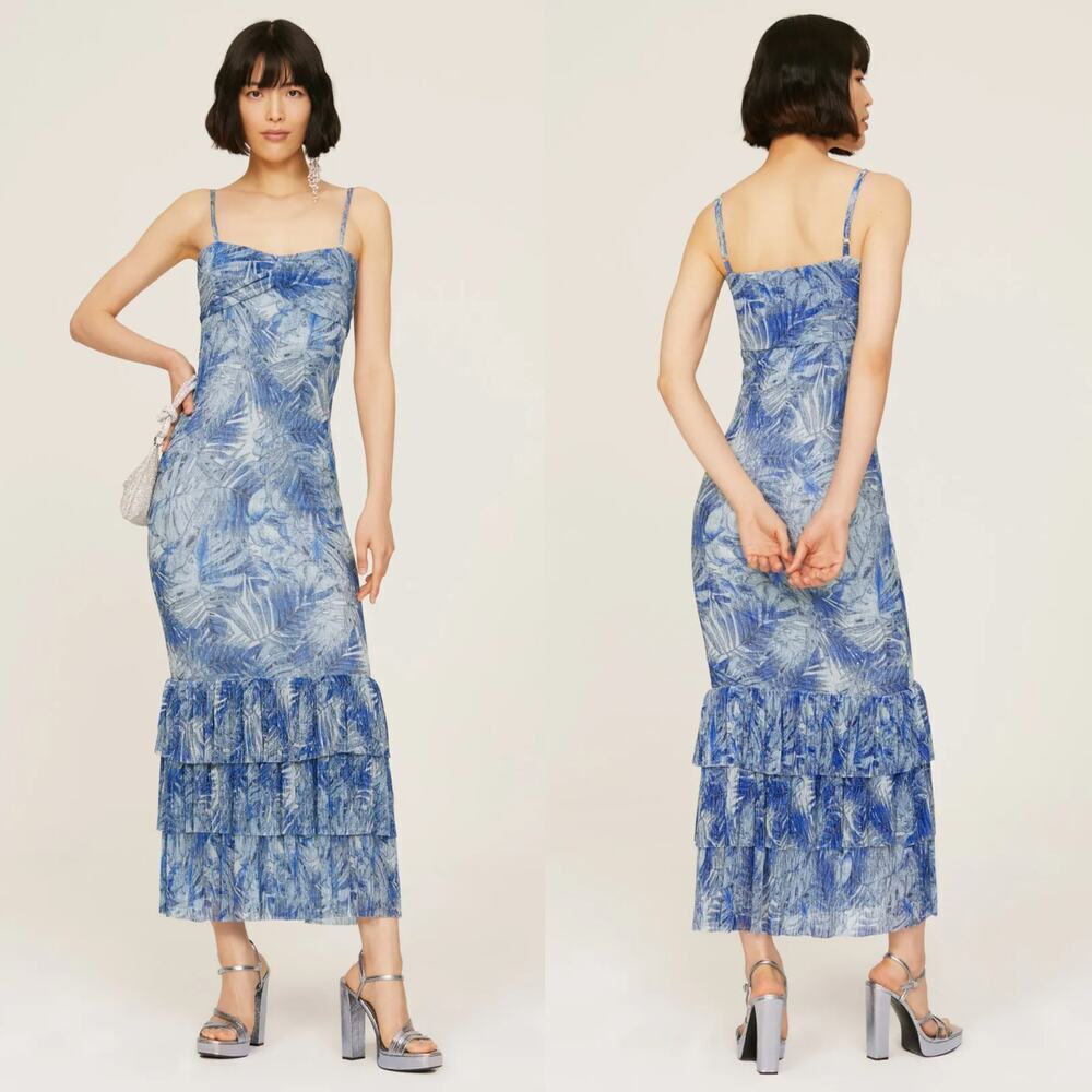 Mia Vesper Frond Mermaid Dress Leaf Print Sleeveless Ruffle Hem Maxi Blue Small